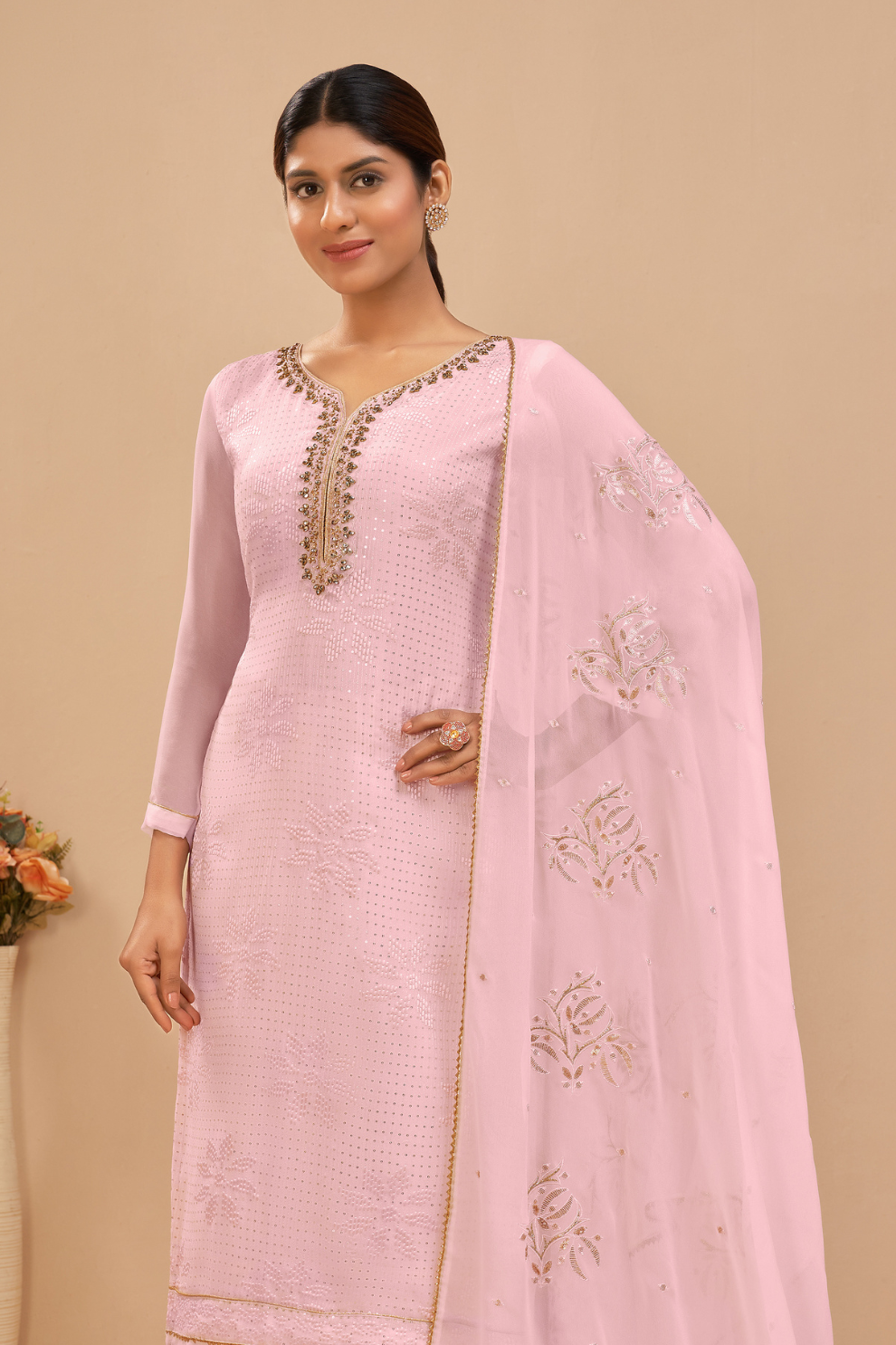 Light Pink Zari Embroidered Georgette Salwar Kameez