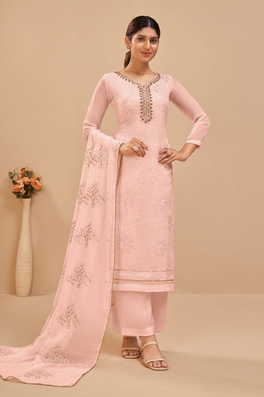 Peach Georgette Palazzo Style Suit with Intricate Embroidery