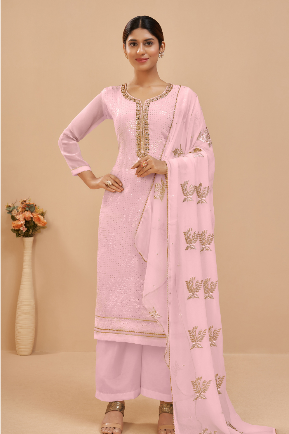 Elegant Pink Palazzo Georgette Pant Style Salwar Kameez
