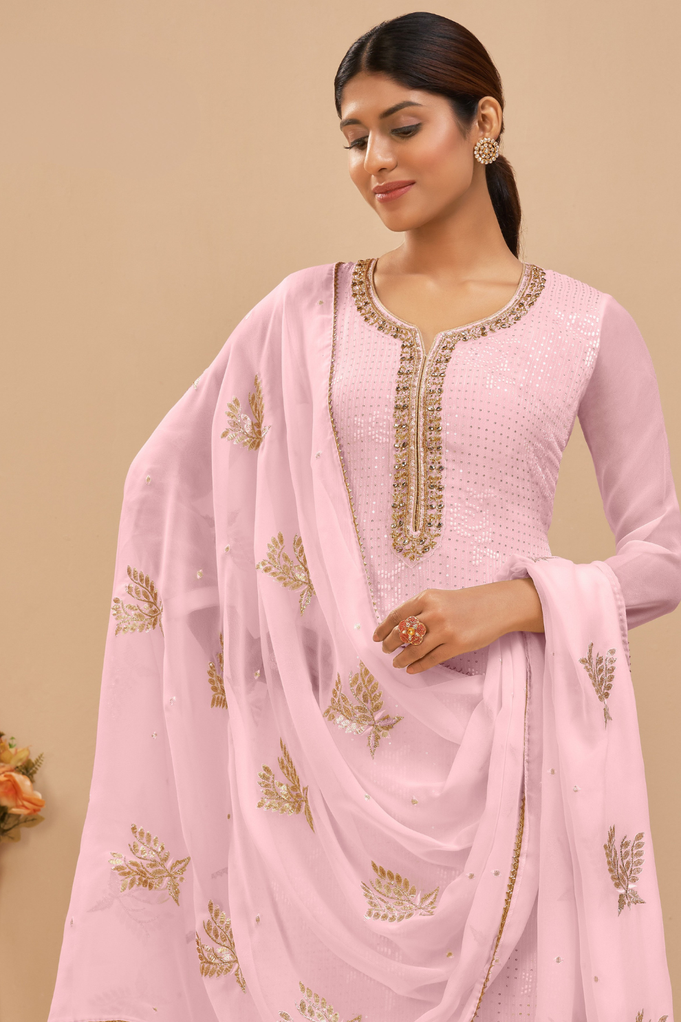 Elegant Pink Palazzo Georgette Pant Style Salwar Kameez