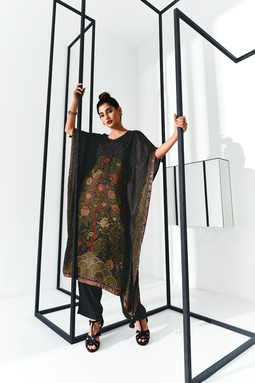 Gaji Silk Printed Kaftan Top Paired with Cotton Bottom