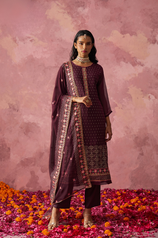 Indo-Western Wine-Colored Straight Kurta Set with Intricate Embroidery