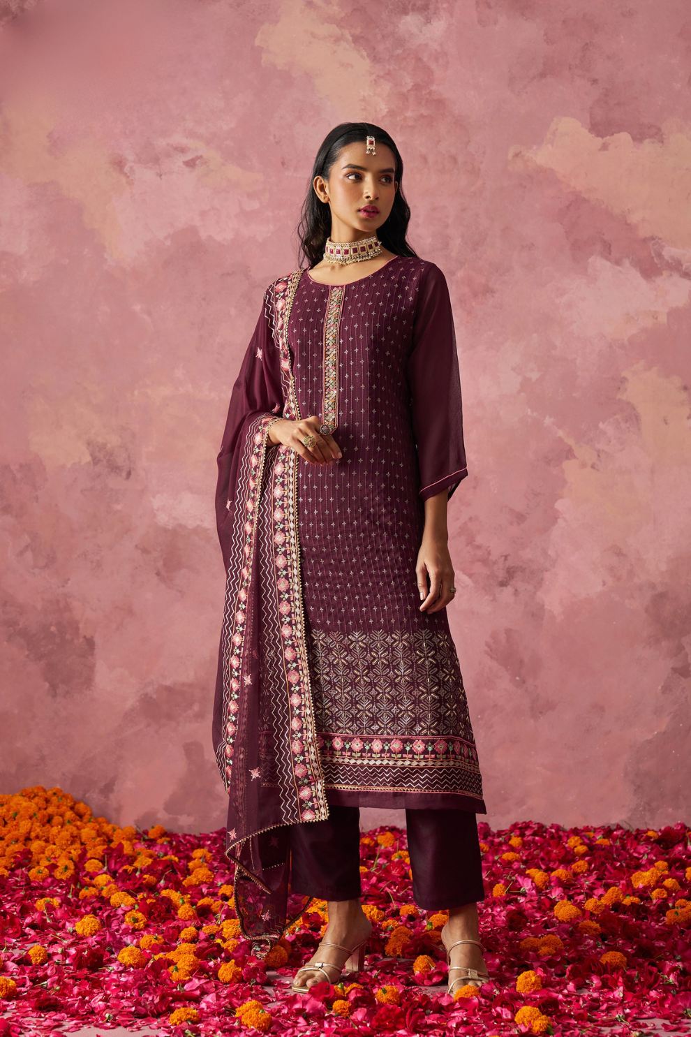 Indo-Western Wine-Colored Straight Kurta Set with Intricate Embroidery