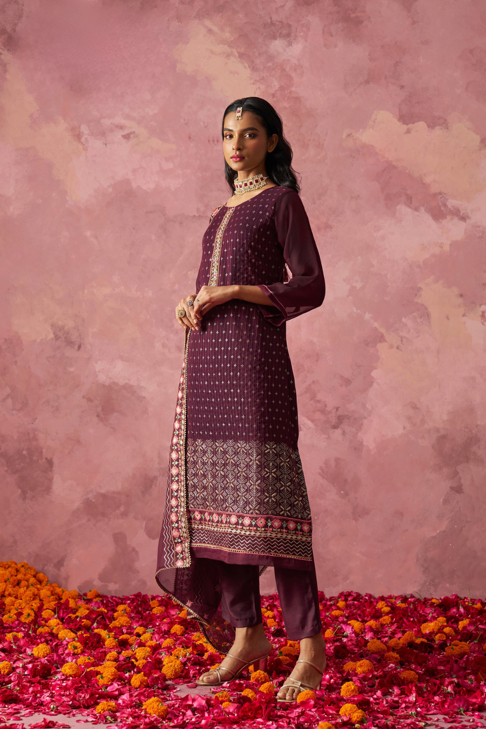 Indo-Western Wine-Colored Straight Kurta Set with Intricate Embroidery