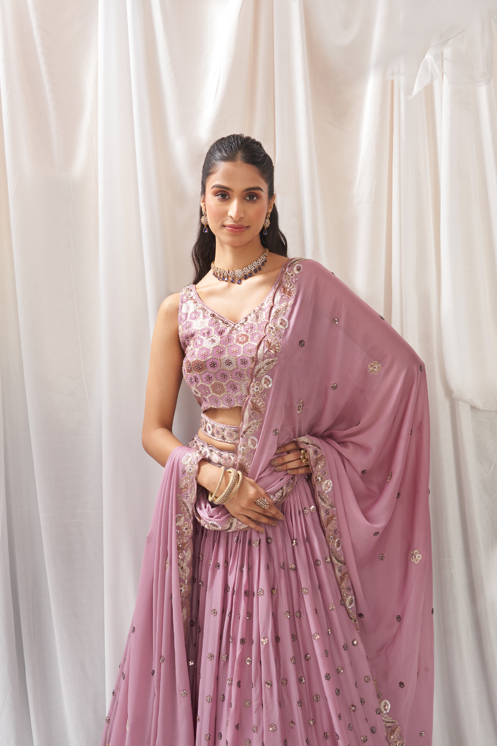 Georgette Sequin Embroidered Semi-Stitched Lehenga Choli & Dupatta