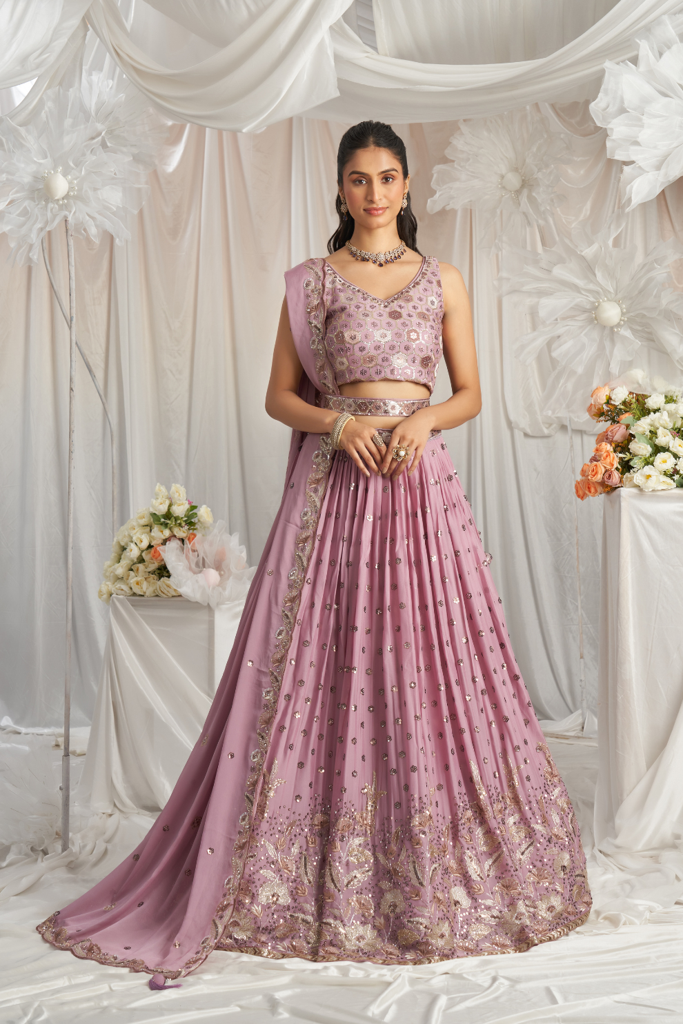 Georgette Sequin Embroidered Semi-Stitched Lehenga Choli & Dupatta
