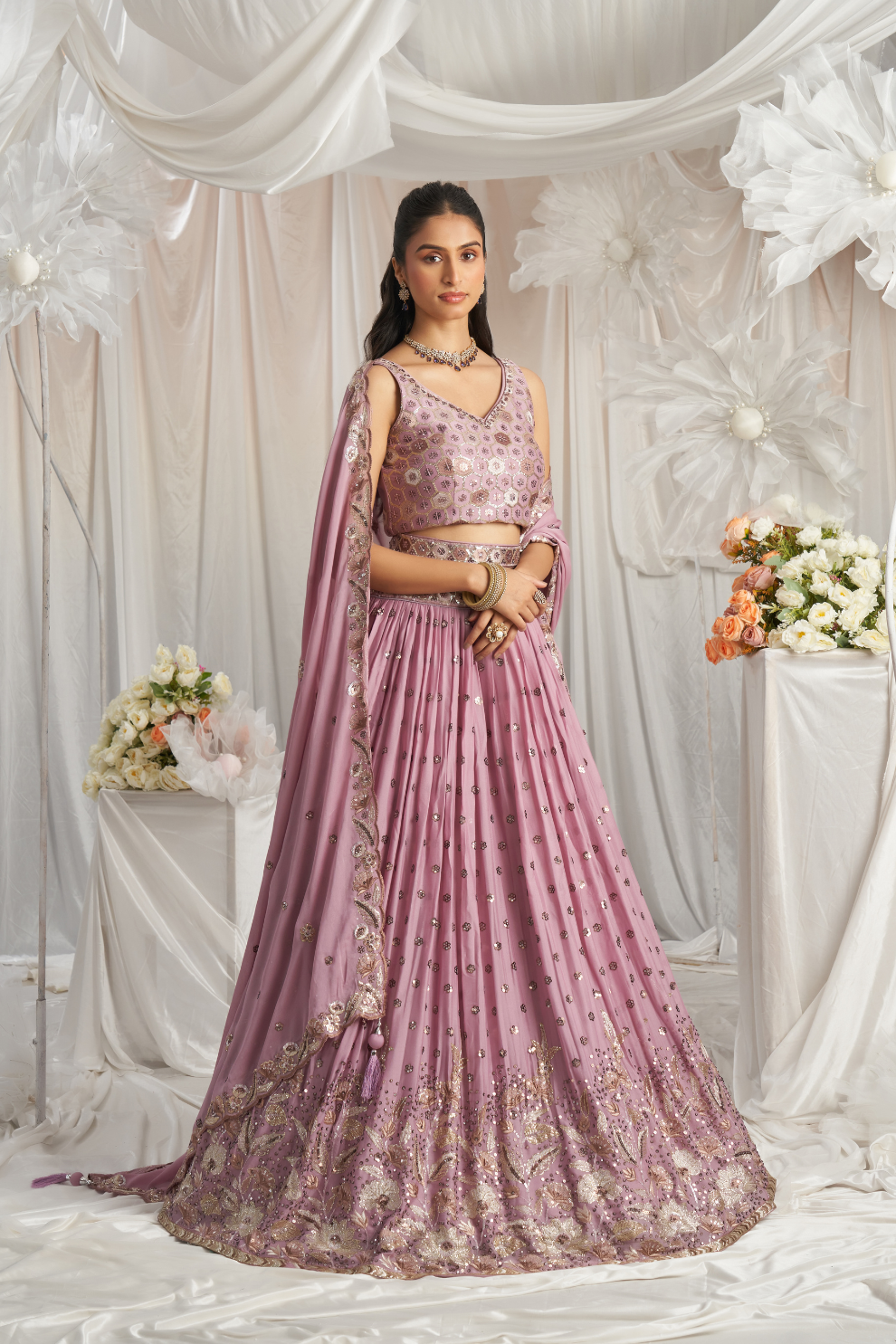 Georgette Sequin Embroidered Semi-Stitched Lehenga Choli & Dupatta
