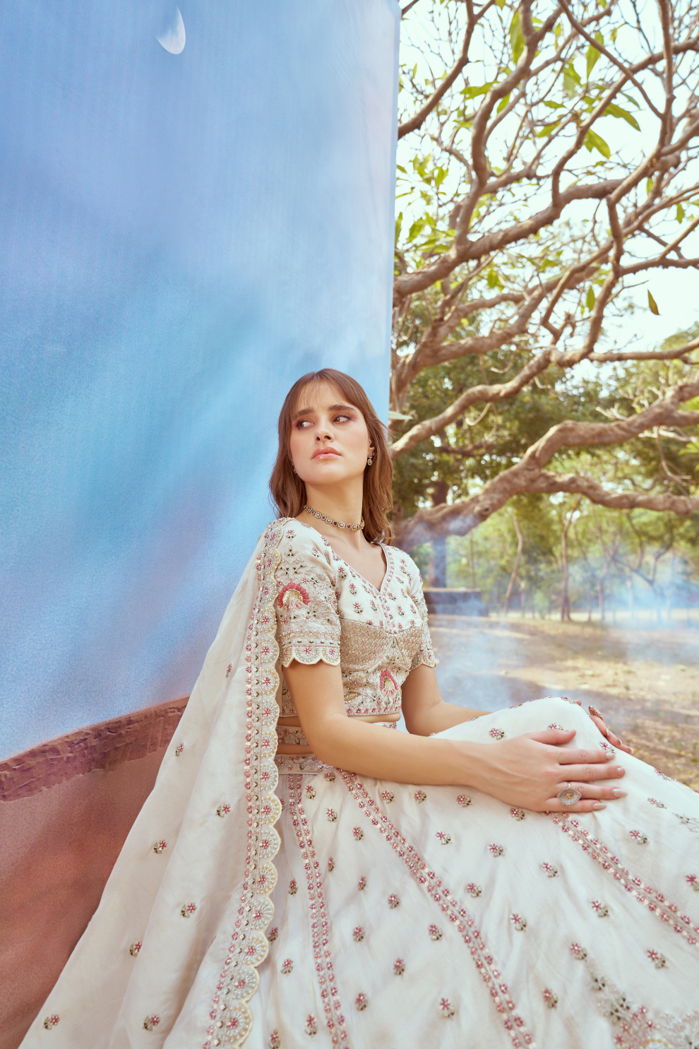 Gold Crushed Tissue Lehenga Choli with Moti and Zari Work