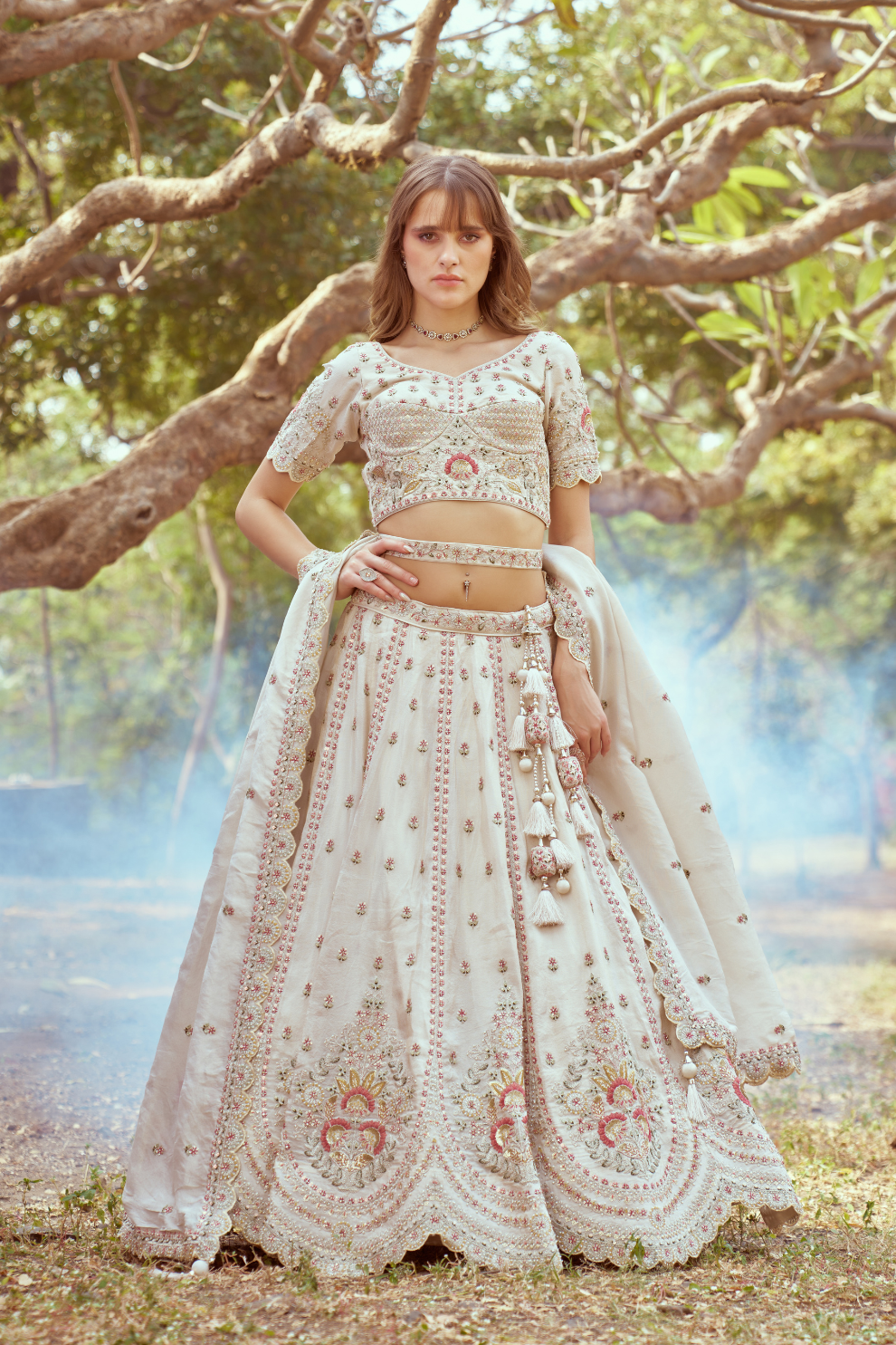 Gold Crushed Tissue Lehenga Choli with Moti and Zari Work