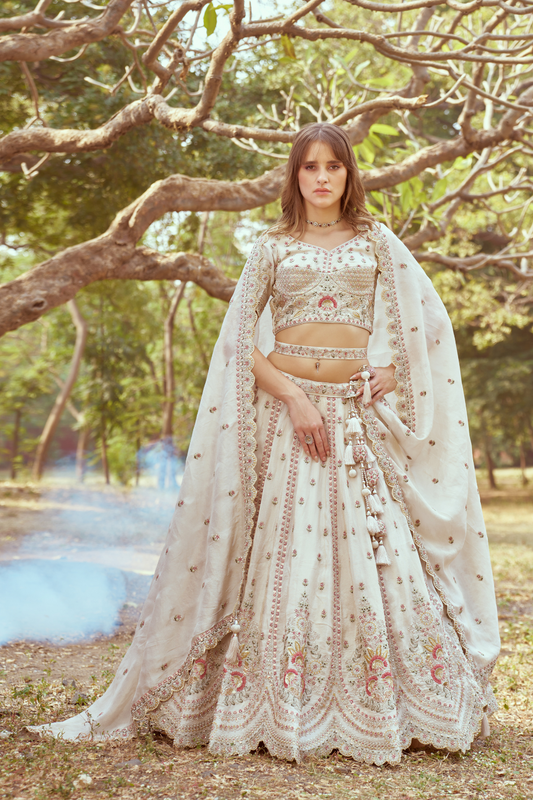 Gold Crushed Tissue Lehenga Choli with Moti and Zari Work