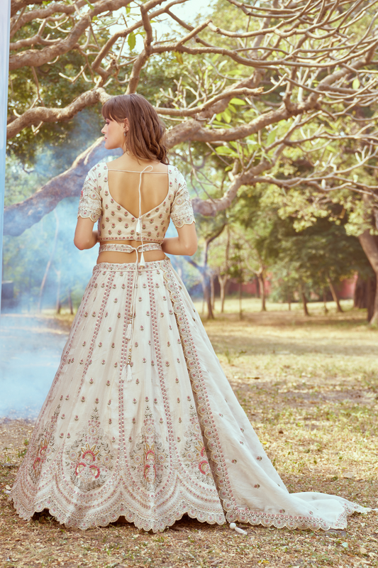 Gold Crushed Tissue Lehenga Choli with Moti and Zari Work