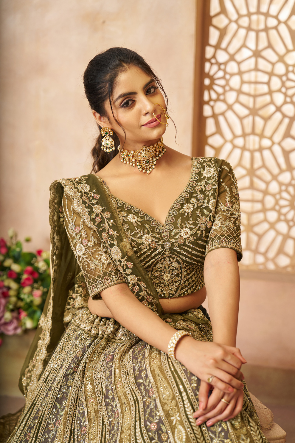 Elegant Bridal Lehenga Featuring Delicate Thread Embroidery