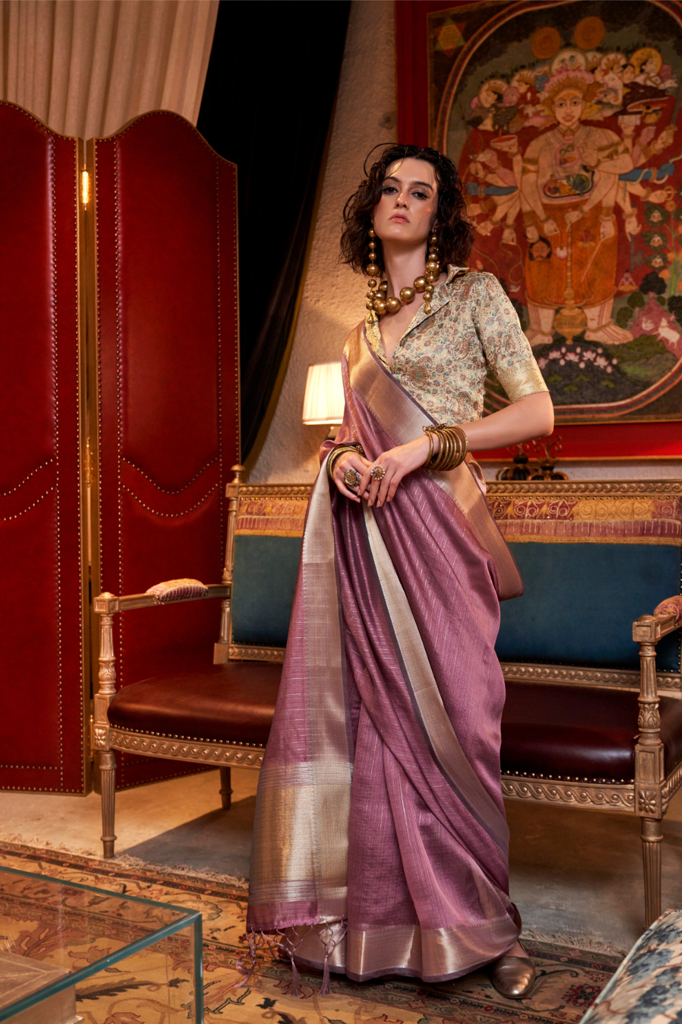 Handwoven Moss Chiffon Saree with Heavy Jacquard Blouse