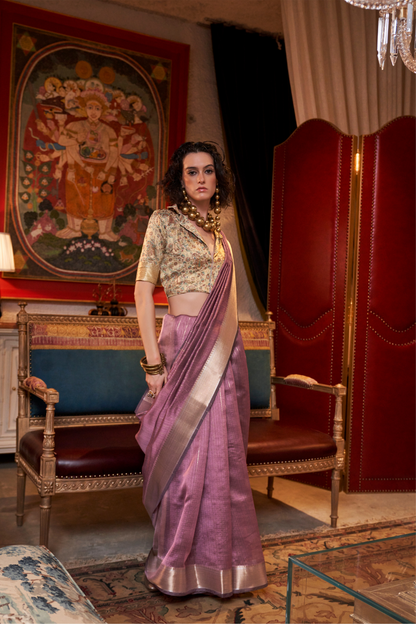 Handwoven Moss Chiffon Saree with Heavy Jacquard Blouse