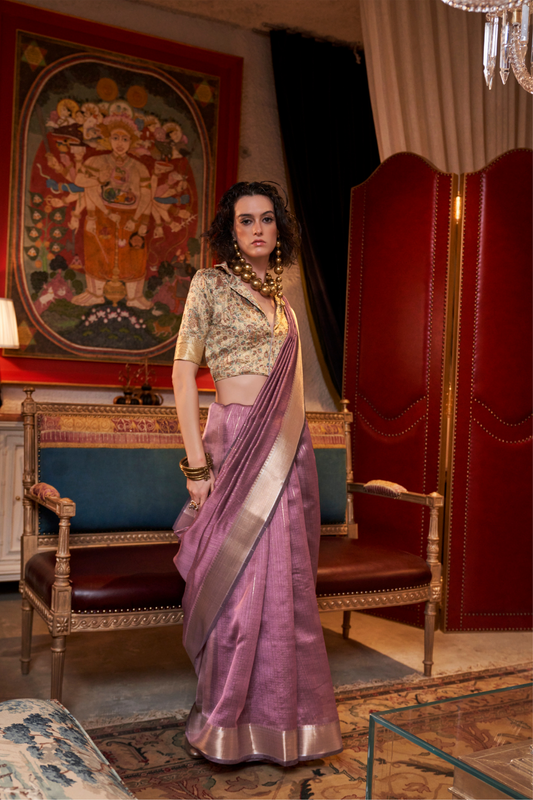 Handwoven Moss Chiffon Saree with Heavy Jacquard Blouse
