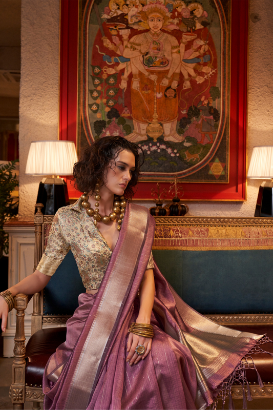 Handwoven Moss Chiffon Saree with Heavy Jacquard Blouse