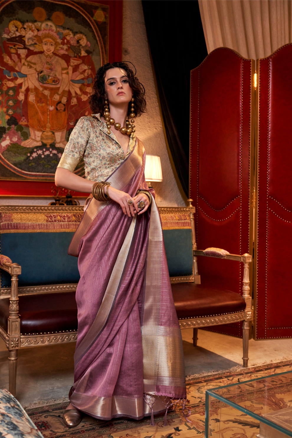 Handwoven Moss Chiffon Saree with Heavy Jacquard Blouse