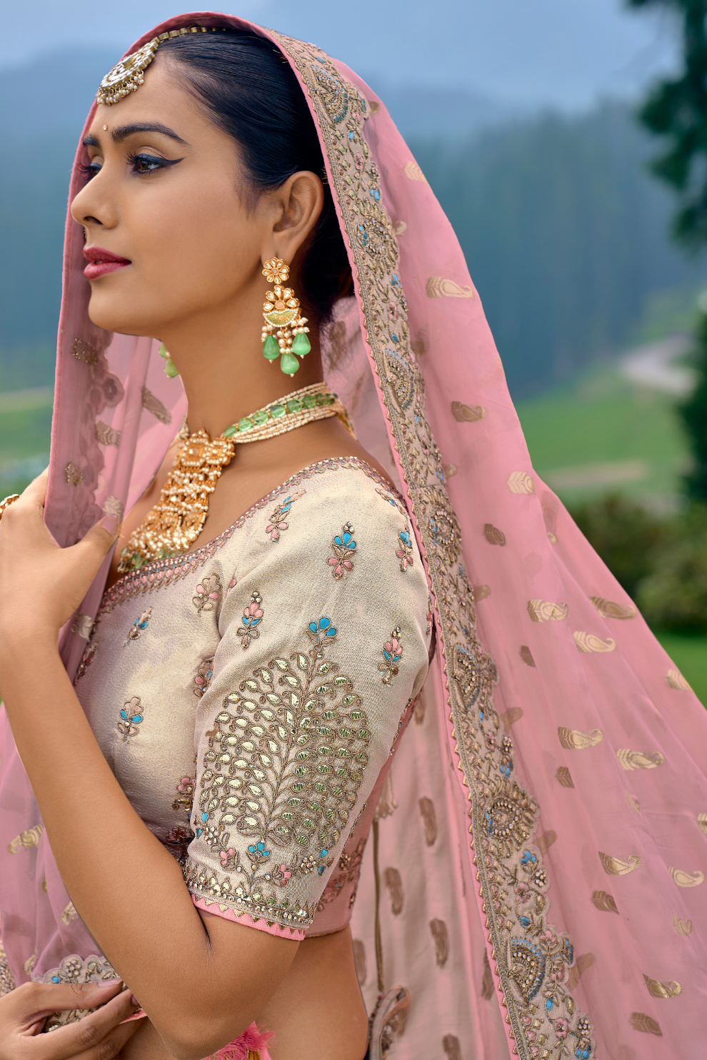 Elegant Pastel Bridal Lehenga – Heavy Zari & Thread Embroidery