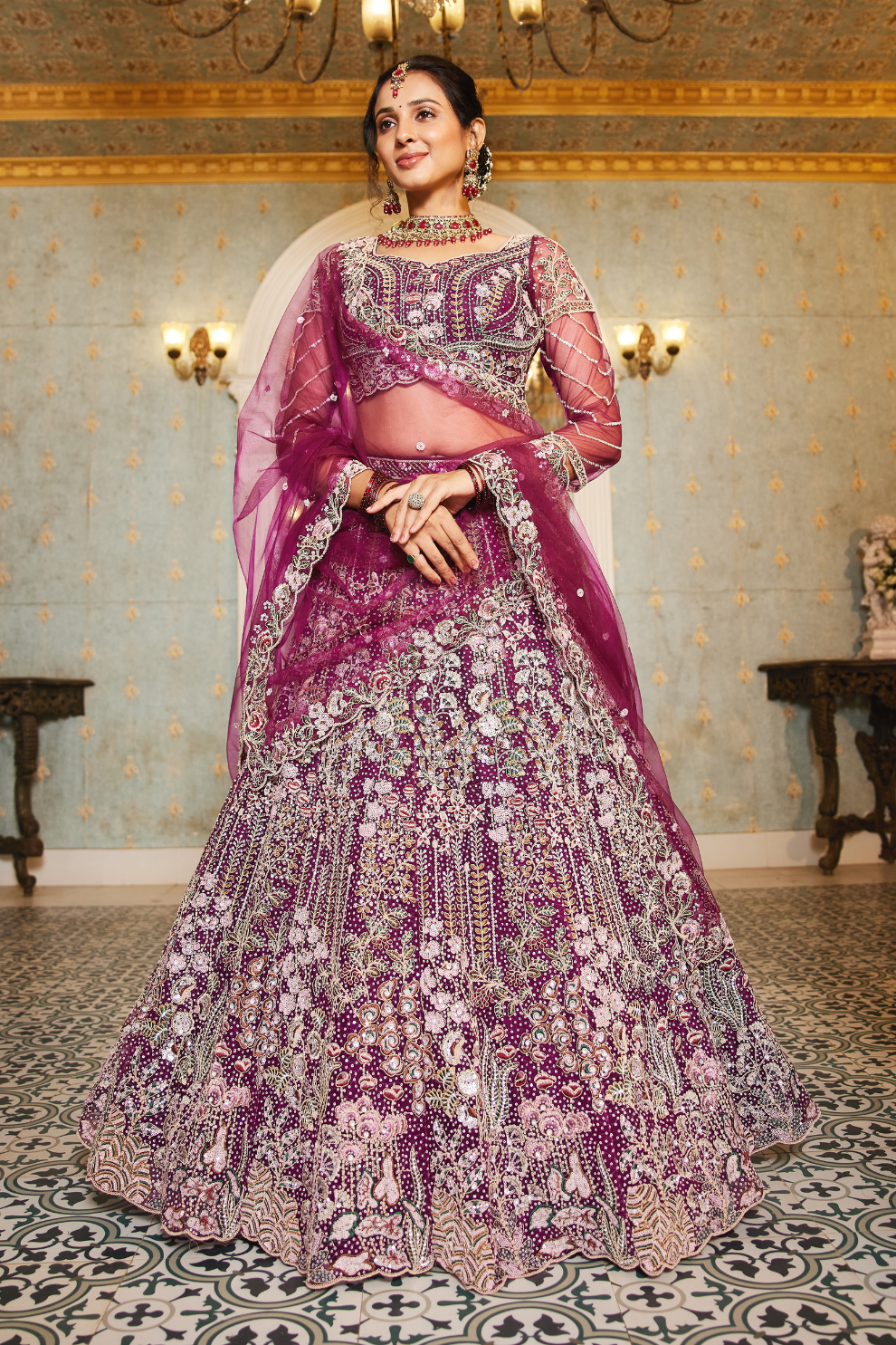 Festive Net Lehenga Choli with Rich Coding and Zarkan Accents