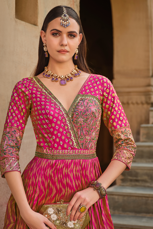 Elegant Rani Pink Hand-Embroidered Silk Gown With Graceful Dupatta
