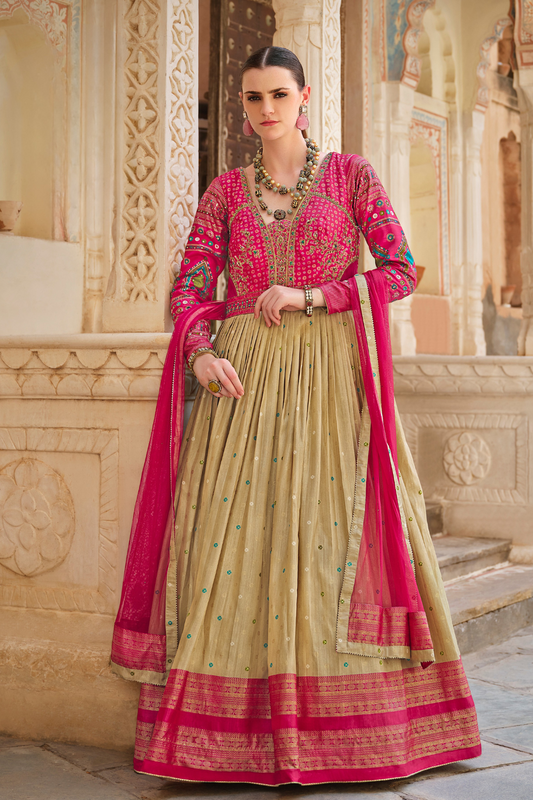 Luxurious Cream Silk Gown With Foil Print Work For Special Occasions