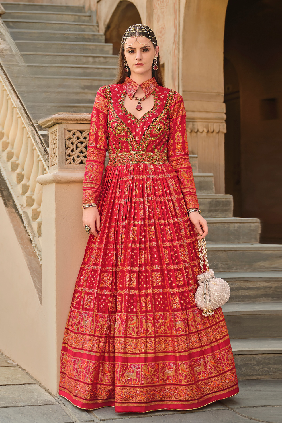 Embellished Red Anarkali Gown In Luxe Premium Sil