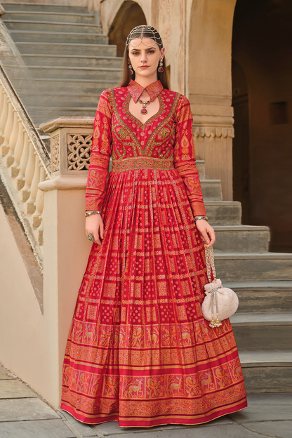 Embellished Red Anarkali Gown In Luxe Premium Sil