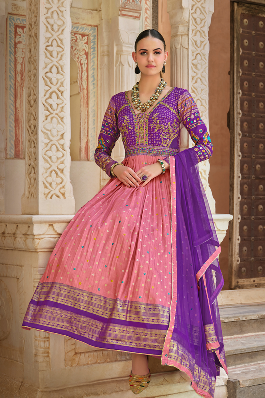 Silk Foil Printed Ancestral Gown In Violet Pink Tones