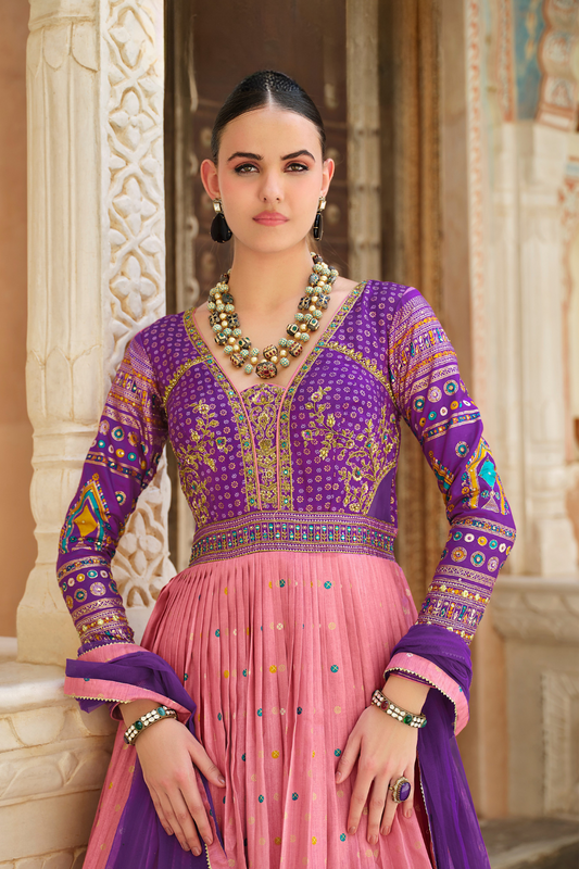 Silk Foil Printed Ancestral Gown In Violet Pink Tones