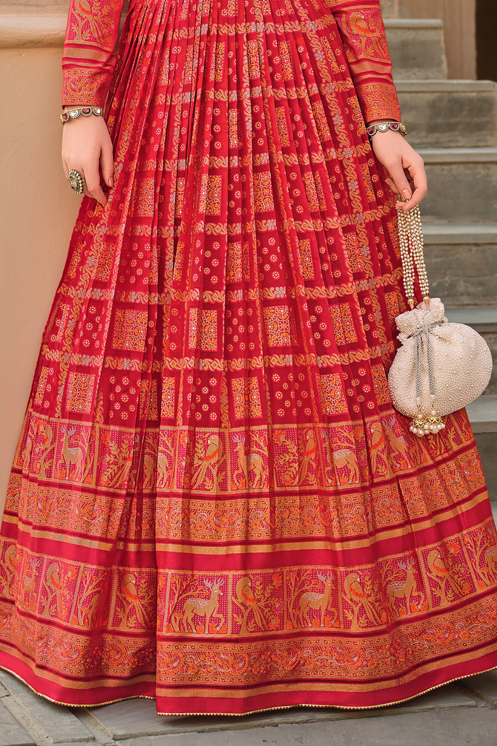 Embellished Red Anarkali Gown In Luxe Premium Sil