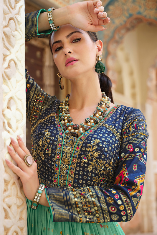 Elegant Green & Blue Silk Gown With Foil Print And Intricate Embroidery