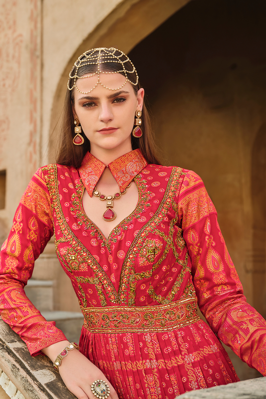 Embellished Red Anarkali Gown In Luxe Premium Sil