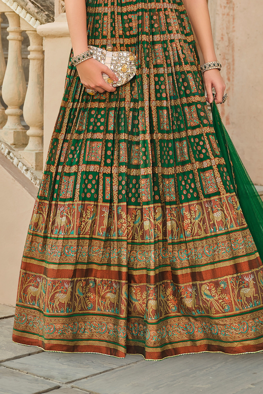 Graceful Green Silk Gown With Detailed Hand Embroidery