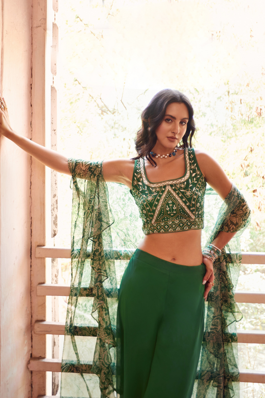 Elegant Indo-Western Green Shrug with Palazzo Outfit