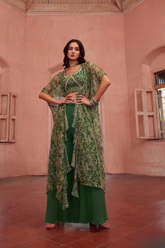 Elegant Indo-Western Green Shrug with Palazzo Outfit