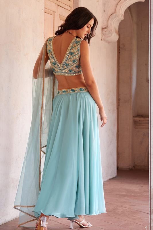 Georgette Minimal Hand Embellished Choli and Sky Blue Lehenga Set