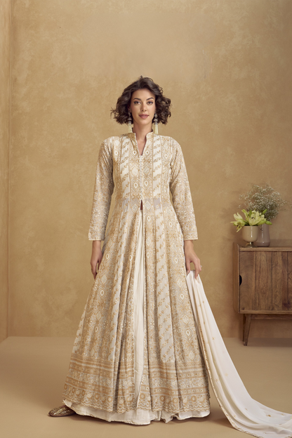 Elegance Redefined: Full-Length Indo-Western Dress with Zari Detailing for Luxe Festive Looks