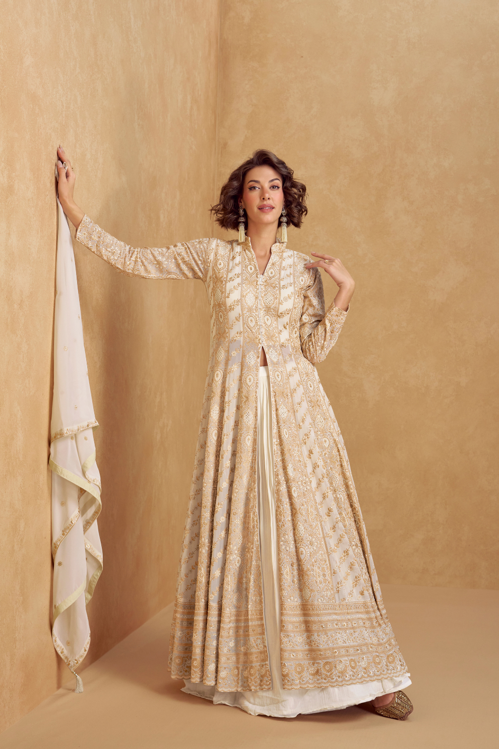 Elegance Redefined: Full-Length Indo-Western Dress with Zari Detailing for Luxe Festive Looks