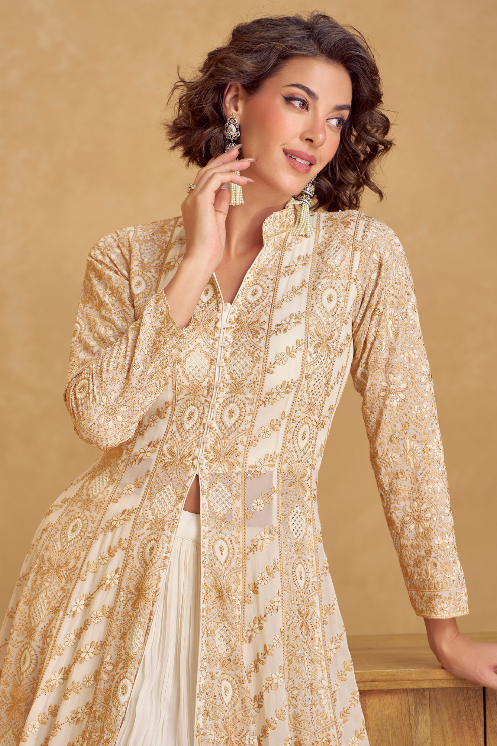 Elegance Redefined: Full-Length Indo-Western Dress with Zari Detailing for Luxe Festive Looks
