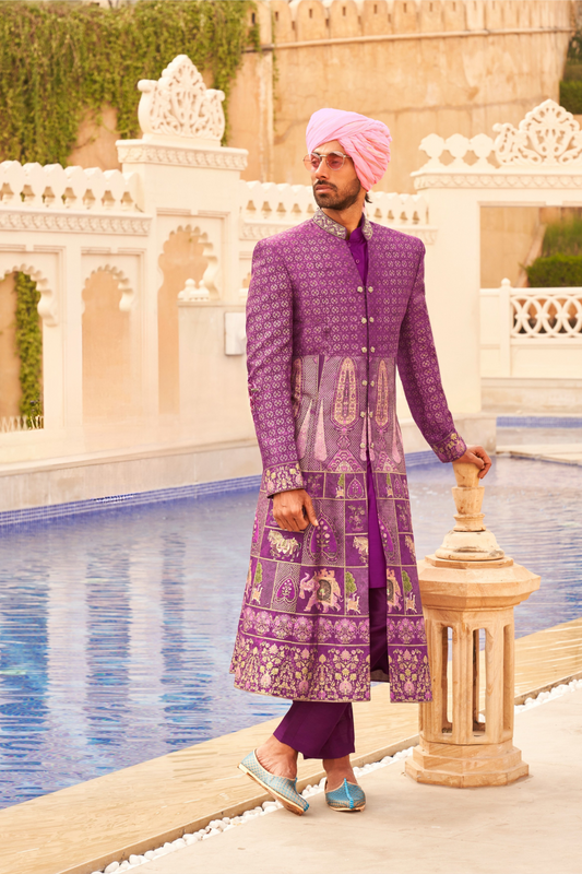 Regal Plum Printed Bridal Lehenga & Floral Print Kurta Set for Couple - LaVante Fashion