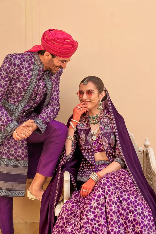 Regal Violet Bridal Lehenga & Floral Print Kurta Set for Couple - LaVante Fashion