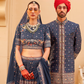 Designer Couple Outfit in Blue Kurta Skirt and Men Indowestern Kurta - LaVante Fashion