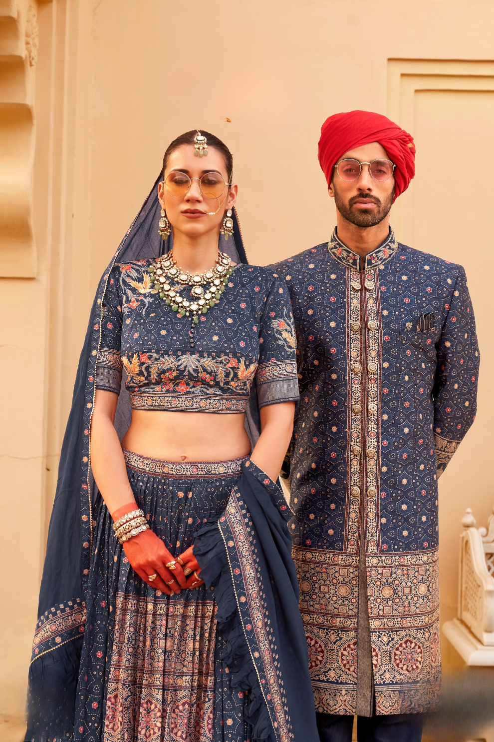 Designer Couple Outfit in Blue Kurta Skirt and Men Indowestern Kurta - LaVante Fashion