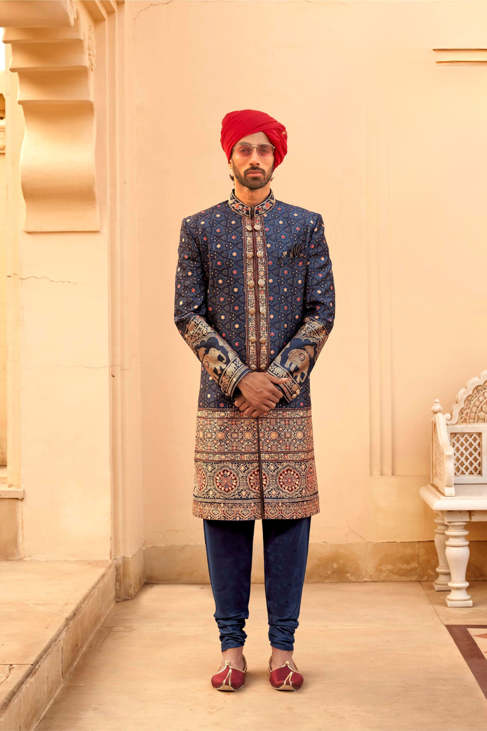 Designer Couple Outfit in Blue Kurta Skirt and Men Indowestern Kurta - LaVante Fashion