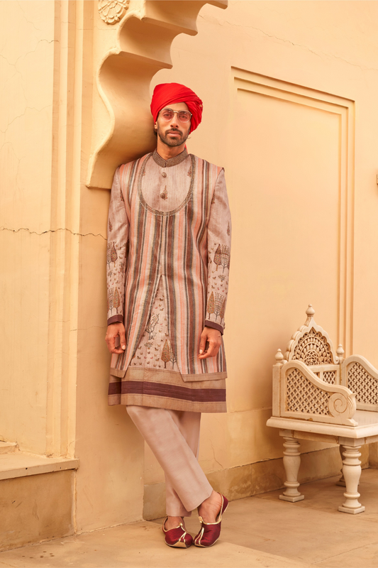 Regal Beige Bridal Lehenga & Floral Print Kurta Set for Couple - LaVante Fashion