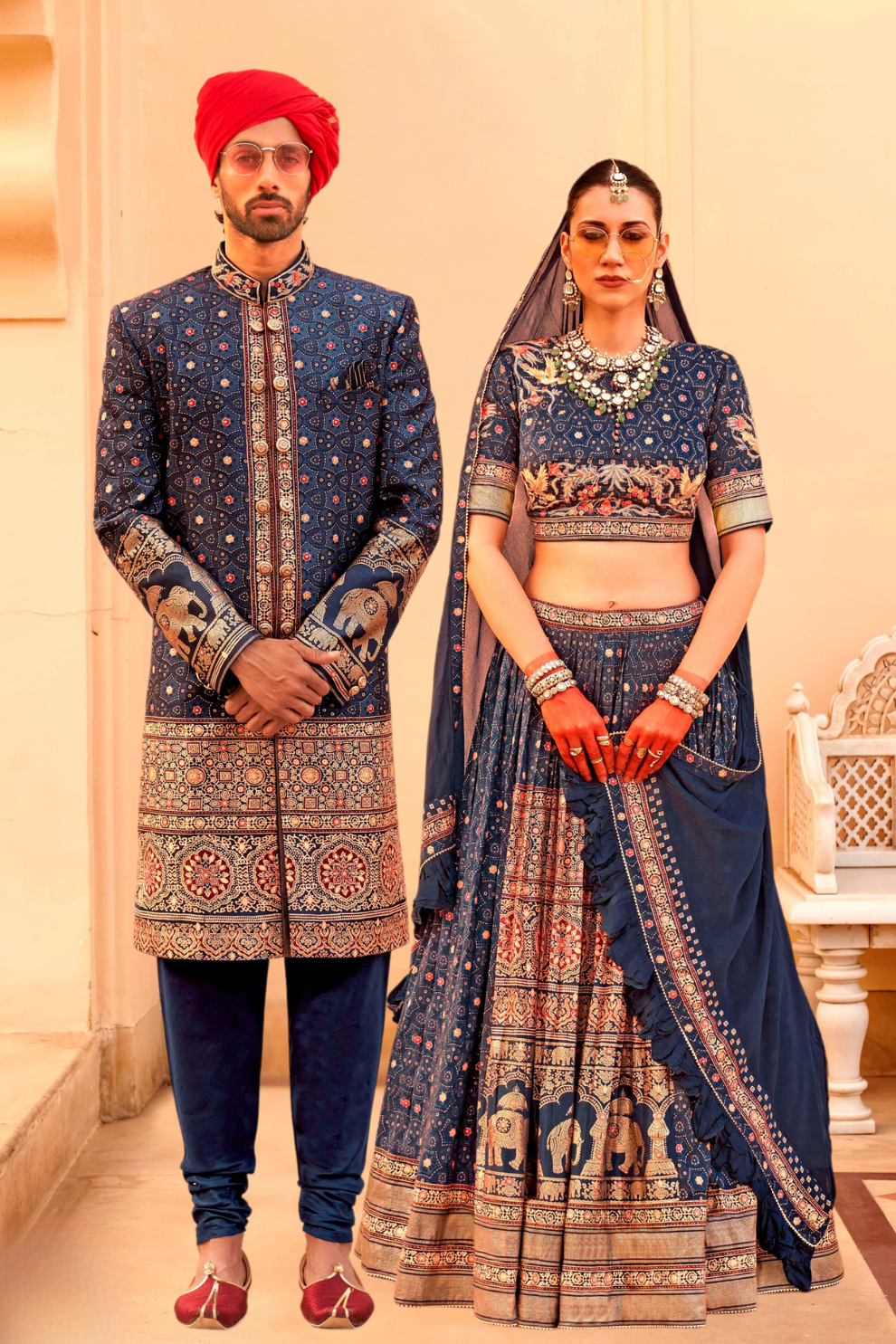 Designer Couple Outfit in Blue Kurta Skirt and Men Indowestern Kurta - LaVante Fashion
