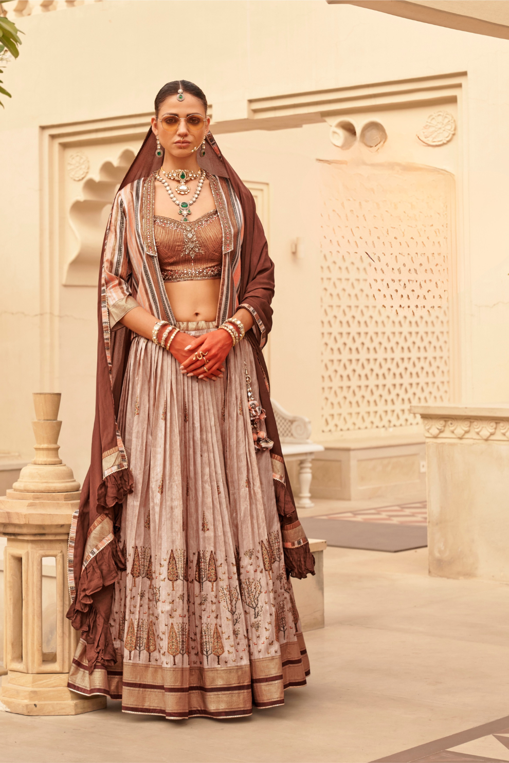 Regal Beige Bridal Lehenga & Floral Print Kurta Set for Couple - LaVante Fashion