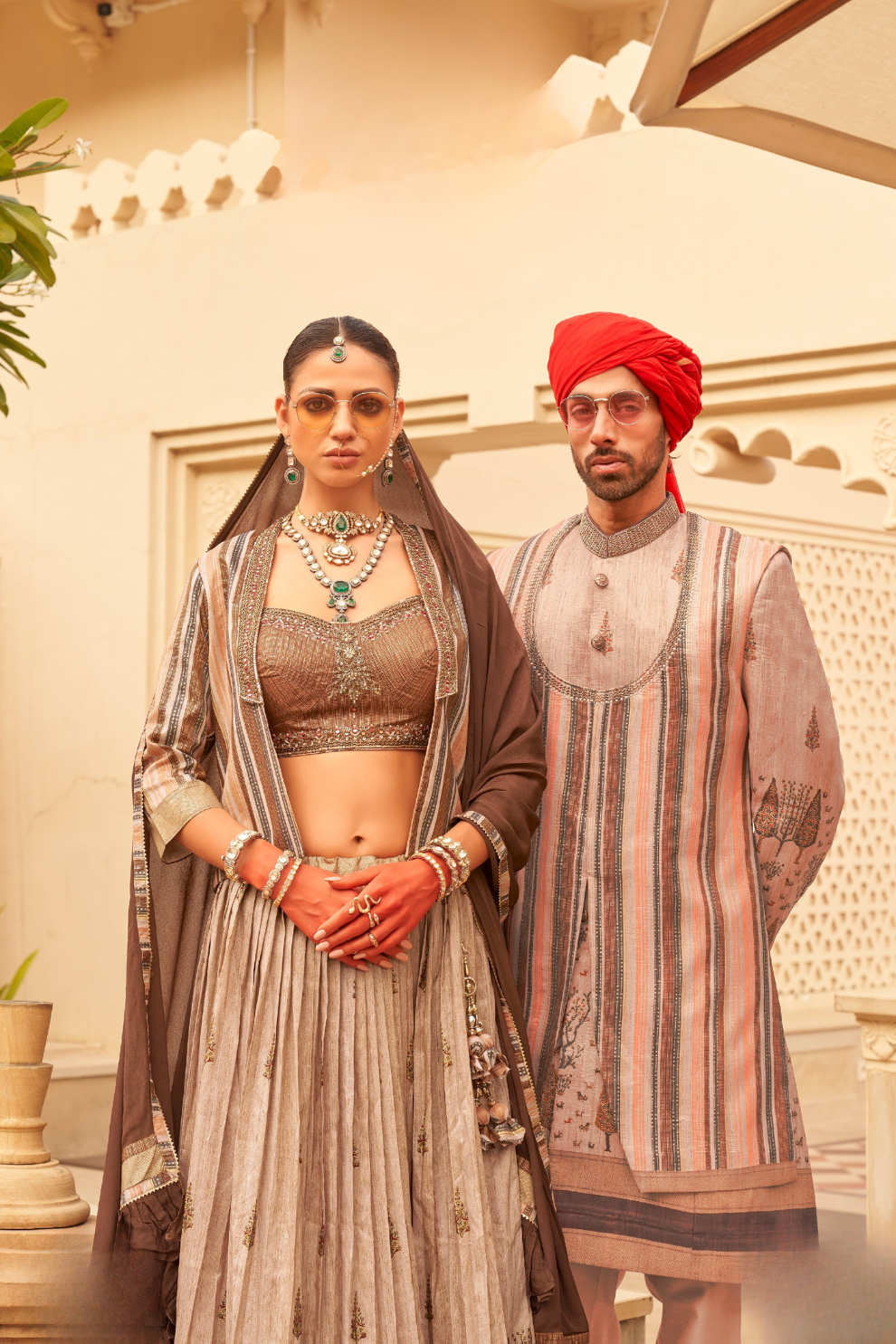 Regal Beige Bridal Lehenga & Floral Print Kurta Set for Couple - LaVante Fashion