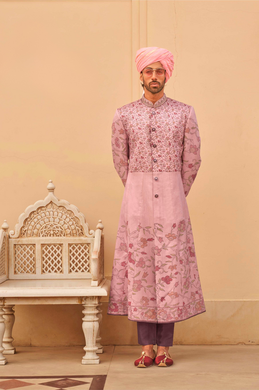 Designer Couple Outfit in Peach Floral Kurta Skirt and Men Indowestern Kurta - LaVante Fashion