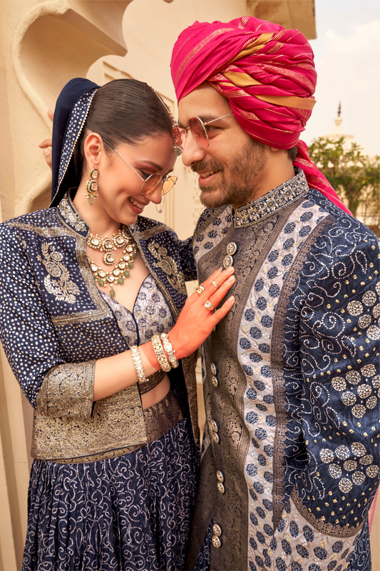 Designer Couple Outfit in Navy Blue Kurta Skirt and Men Indowestern Kurta - LaVante Fashion